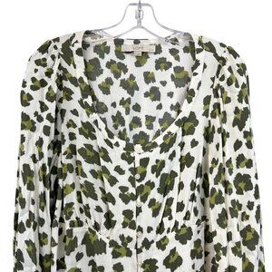 LOFT Button Up Scoop Neck Top Green/Ivory Print Size Large Petite